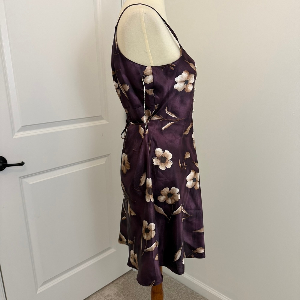 Vintage Purple Floral Satin Slip Dress Mini Faux Pearl Buttons Back Tie - Picture 5 of 12